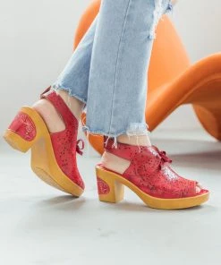 NEW ARRIVALS SOFFIA | RED FLORAL PERFORATED GENUINE LEATHER SANDAL