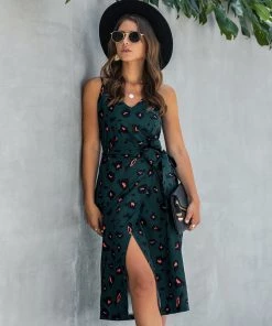 BBYS Leopard Tie-Waist Midi V-Neck Dress - Green