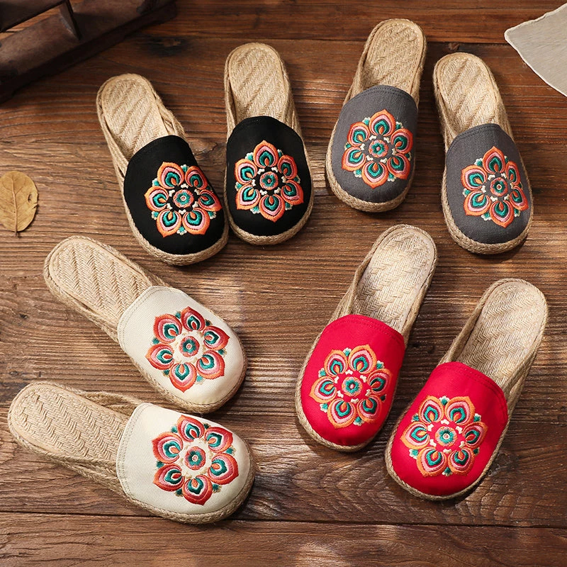 TC Shop Sandals Embroidered Lotus Side Strap Mules - Cactus Rose 17 TC Shop Sandals Embroidered Lotus Side Strap Mules - Cactus Rose