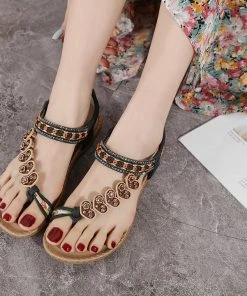 New In Shoes Black Heart Trimed Boho Slide Flat Sandals - SIKETU