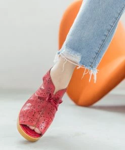 NEW ARRIVALS SOFFIA | RED FLORAL PERFORATED GENUINE LEATHER SANDAL