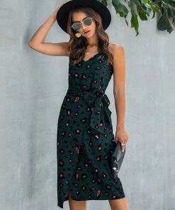 BBYS Leopard Tie-Waist Midi V-Neck Dress - Green