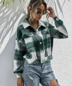 YBL Smaibulun | Green & White Plaid Snap Button-Up Short Jacket New In Clothing