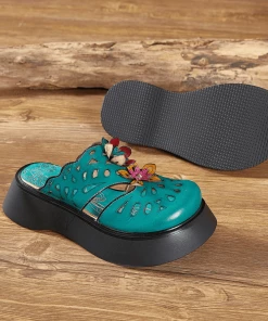 JF SOFFIA | GEOMETRY PERFORATED TEAL LEATHER MULE