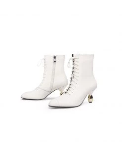 Jady Rose JadyRose | Genuine Leather Golden Drop Heeled White Bootie Ankle Boots