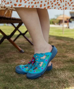 NEW ARRIVALS SOFFIA | Turquoise Floral-Applique Cutout Leather Sandal