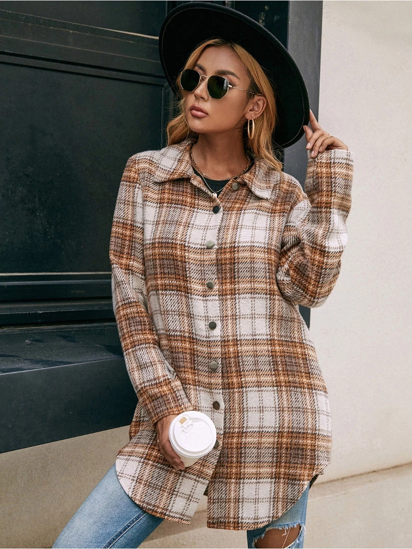 YBL Smaibulun | Gingham Button-Up Shirt Jacket - Brown 3 YBL Smaibulun | Gingham Button-Up Shirt Jacket - Brown