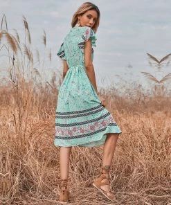 BFZY New In Clothing Smaibulun | Light Green Floral Print V-Neck Midi Dress 8 BFZY New In Clothing Smaibulun | Light Green Floral Print V-Neck Midi Dress