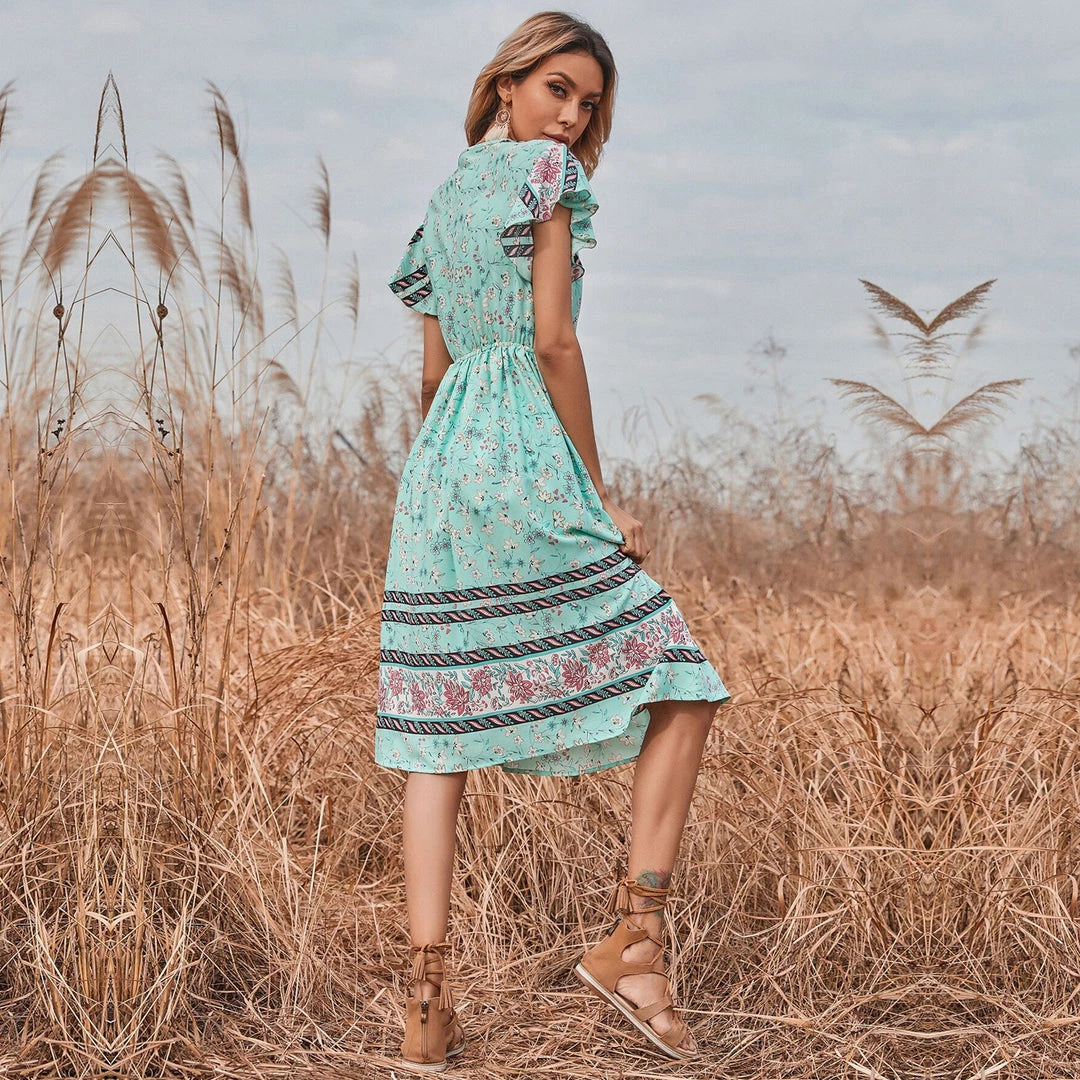 BFZY New In Clothing Smaibulun | Light Green Floral Print V-Neck Midi Dress 4 BFZY New In Clothing Smaibulun | Light Green Floral Print V-Neck Midi Dress