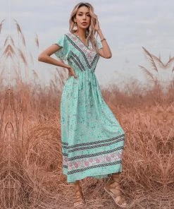 BFZY New In Clothing Smaibulun | Light Green Floral Print V-Neck Midi Dress
