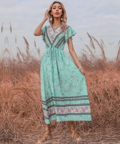 BFZY New In Clothing Smaibulun | Light Green Floral Print V-Neck Midi Dress 7 BFZY New In Clothing Smaibulun | Light Green Floral Print V-Neck Midi Dress