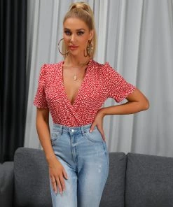 BFZY Red Print Surplice Bodysuit