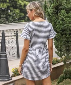 BFZY Grey & White Stripe Surplice Dress New In Clothing