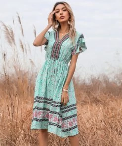BFZY Smaibulun | Light Green Floral Print Button Front V-Neck Midi Dress New In Clothing 8 BFZY Smaibulun | Light Green Floral Print Button Front V-Neck Midi Dress New In Clothing