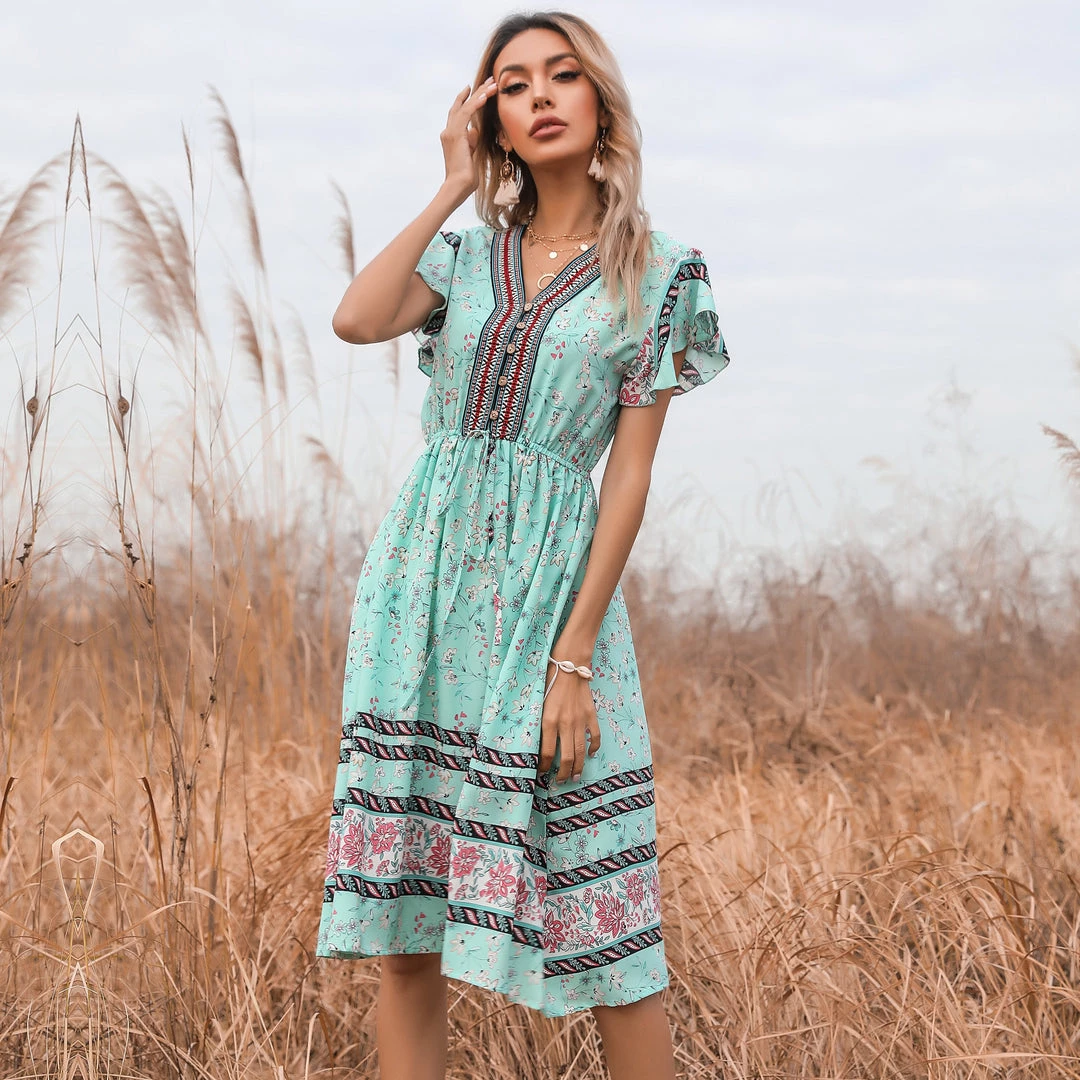 BFZY Smaibulun | Light Green Floral Print Button Front V-Neck Midi Dress New In Clothing 3 BFZY Smaibulun | Light Green Floral Print Button Front V-Neck Midi Dress New In Clothing