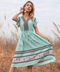 BFZY Smaibulun | Light Green Floral Print Button Front V-Neck Midi Dress New In Clothing 9 BFZY Smaibulun | Light Green Floral Print Button Front V-Neck Midi Dress New In Clothing