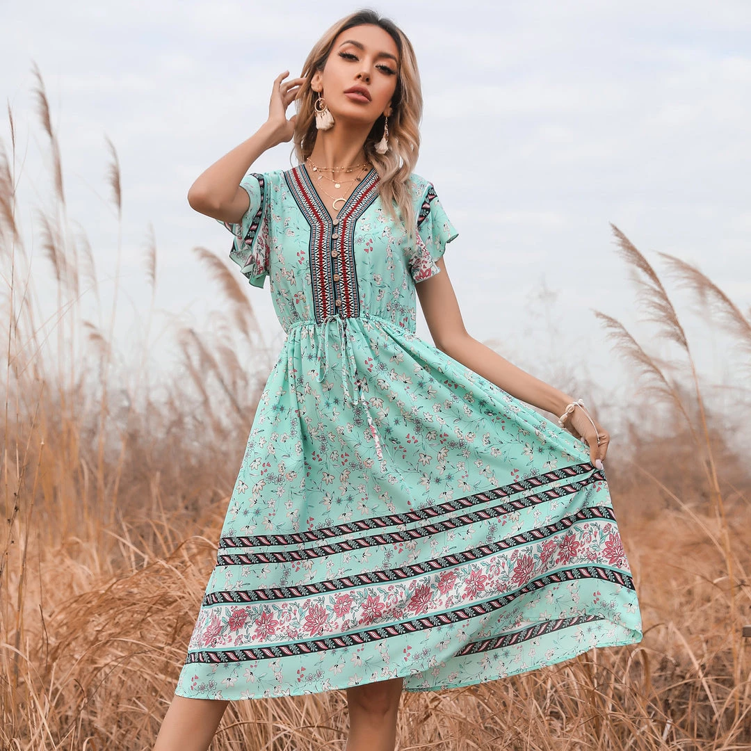 BFZY Smaibulun | Light Green Floral Print Button Front V-Neck Midi Dress New In Clothing 4 BFZY Smaibulun | Light Green Floral Print Button Front V-Neck Midi Dress New In Clothing