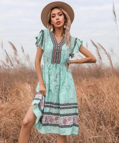 BFZY Smaibulun | Light Green Floral Print Button Front V-Neck Midi Dress New In Clothing