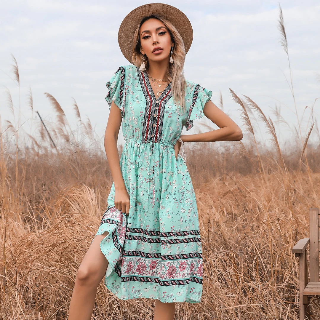 BFZY Smaibulun | Light Green Floral Print Button Front V-Neck Midi Dress New In Clothing 2 BFZY Smaibulun | Light Green Floral Print Button Front V-Neck Midi Dress New In Clothing