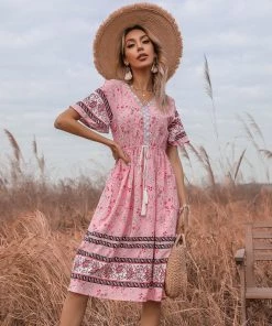 BFZY Smaibulun | Pink Floral Print V-Neck Midi Dress New In Clothing