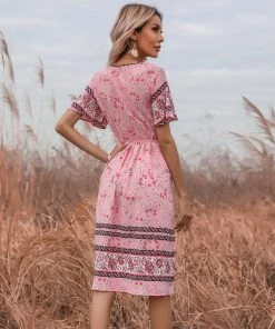 BFZY Smaibulun | Pink Floral Print V-Neck Midi Dress New In Clothing