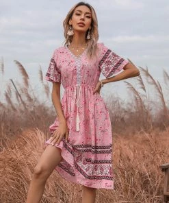 BFZY Smaibulun | Pink Floral Print V-Neck Midi Dress New In Clothing