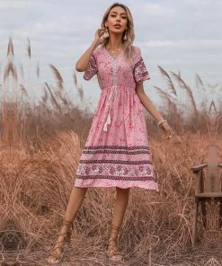 BFZY Smaibulun | Pink Floral Print V-Neck Midi Dress New In Clothing