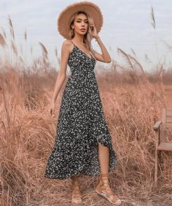 BFZY New In Clothing Smaibulun | Black Floral V-Neck Sleeveless Midi Dress