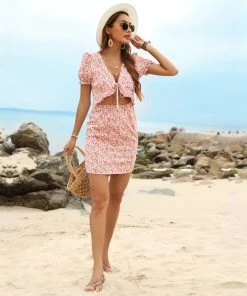 BFZY Smaibulun | Pink Floral Print Front-Tie Mini Dress