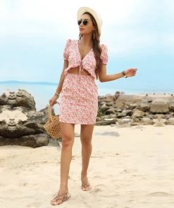 BFZY Smaibulun | Pink Floral Print Front-Tie Mini Dress