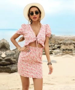 BFZY Smaibulun | Pink Floral Print Front-Tie Mini Dress