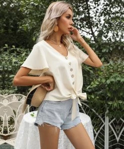 BFZY New In Clothing SMAIBULUN | Button-Front Cotton Blend Blouse - Women 9 BFZY New In Clothing SMAIBULUN | Button-Front Cotton Blend Blouse - Women