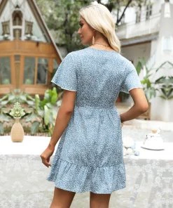 BFZY Smaibulun | Blue Floral Print V-neck Mini Dress