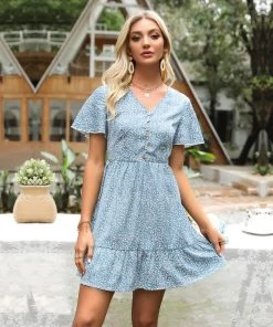 BFZY Smaibulun | Blue Floral Print V-neck Mini Dress