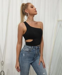 BFZY New In Clothing Smaibulun| Black One Shoulder Sleeveless Crop Tops