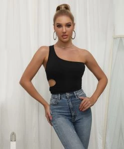BFZY New In Clothing Smaibulun| Black One Shoulder Sleeveless Crop Tops