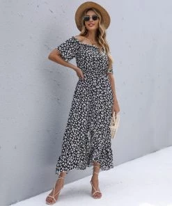 BFZY New In Clothing Smaibulun | Black Floral Off Shoulder Midi Dress