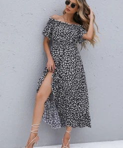 BFZY New In Clothing Smaibulun | Black Floral Off Shoulder Midi Dress