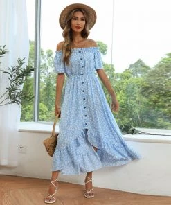BFZY New In Clothing Smaibulun | Blue Floral Off Shoulder Midi Dress