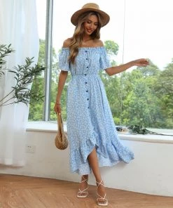 BFZY New In Clothing Smaibulun | Blue Floral Off Shoulder Midi Dress