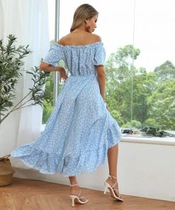 BFZY New In Clothing Smaibulun | Blue Floral Off Shoulder Midi Dress
