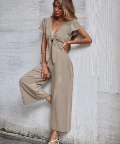 BFZY TOMMY BOW LINEN BLEND JUMPSUIT - APRICOT