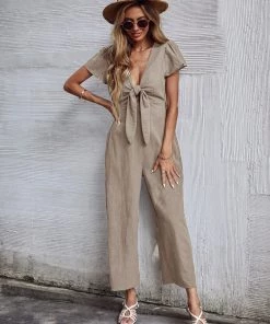 BFZY TOMMY BOW LINEN BLEND JUMPSUIT - APRICOT