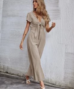 BFZY TOMMY BOW LINEN BLEND JUMPSUIT - APRICOT