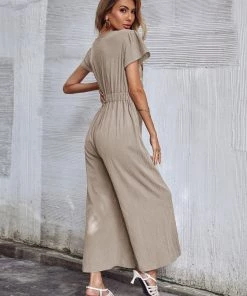 BFZY TOMMY BOW LINEN BLEND JUMPSUIT - APRICOT