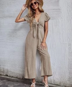 BFZY TOMMY BOW LINEN BLEND JUMPSUIT - APRICOT