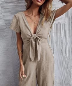 BFZY TOMMY BOW LINEN BLEND JUMPSUIT - APRICOT