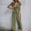 BFZY New In Clothing TOMMY BOW LINEN BLEND JUMPSUIT - ARMY GREEN