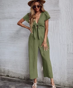 BFZY New In Clothing TOMMY BOW LINEN BLEND JUMPSUIT - ARMY GREEN