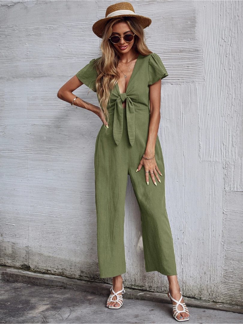 BFZY New In Clothing TOMMY BOW LINEN BLEND JUMPSUIT - ARMY GREEN 1 BFZY New In Clothing TOMMY BOW LINEN BLEND JUMPSUIT - ARMY GREEN